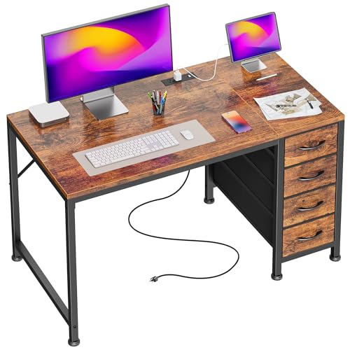 PRAISUN Rustic Brown 39.4 Inch Computer Desk with Power Outlets & USB-C Port, Reversible Gaming & Office Workstation