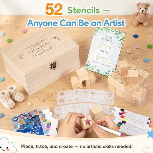 Baby Shower Wooden Blocks Set with Markers and Design Templates - Engraved & Blank Sides, Safe & Educational