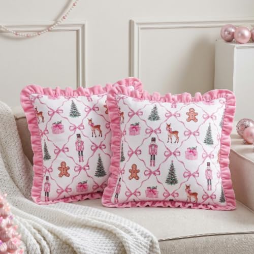 Irenare 2Pcs Pink Christmas Pillow Covers 18x18 Inch – Coquette Ruffle Xmas Decor