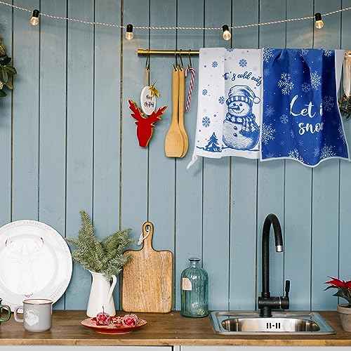 Sratte 4 Pcs Blue Christmas Kitchen Towels 16 x 24 Inch Merry Christmas Hand Towels Winter Let It Snow Snowman Dish Cloths Absorbent Xmas Tea Dishcloths for Home Bathroom Xmas Kitchen Decor