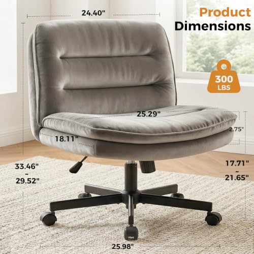 Gray Velvet Cross Leg Office Chair with Wide Seat & Swivel - Armless Vanity Seat