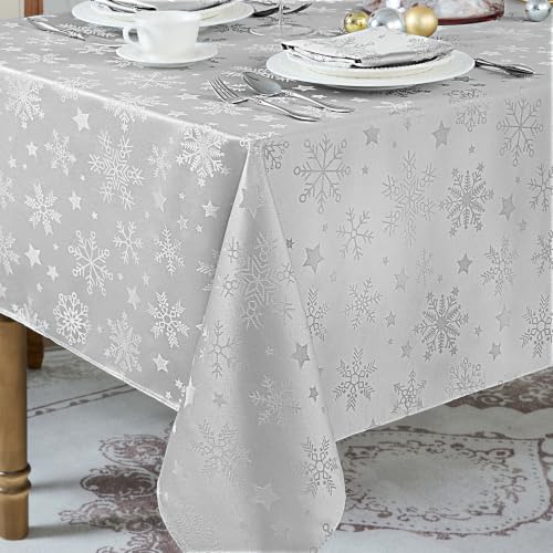 Romanstile Silver Christmas Jacquard Tablecloth 60 x 102 in with Snowflake Pattern