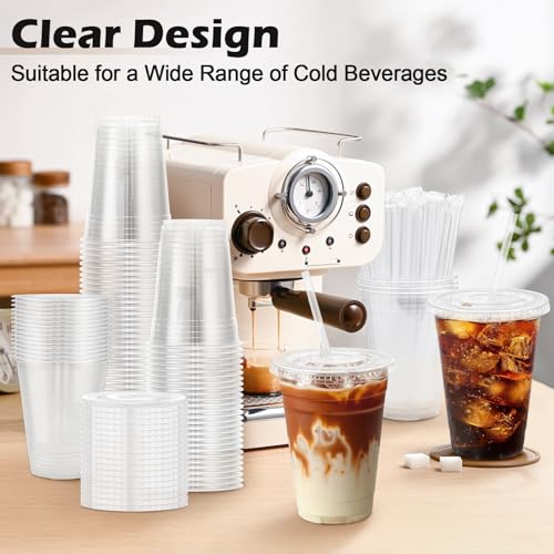 16 oz Plastic Cups with Lids and Straws - 500 Pack Clear Disposable Drinkware