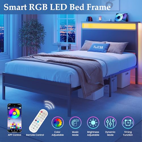 Twin Bed Frame with Headboard, Footboard, LED Lights & Charging Station - Classic Black