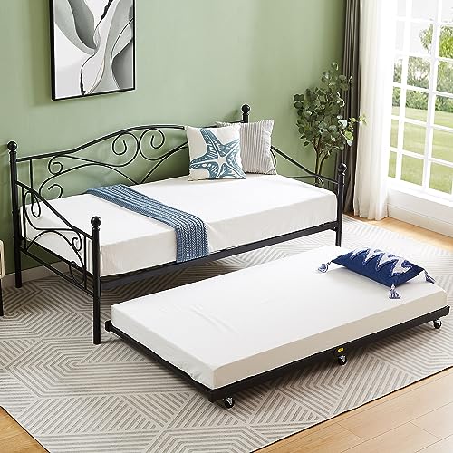 Classic Black Twin Trundle Bed Frame with Lockable Casters - Space-Saving Metal Slats Support