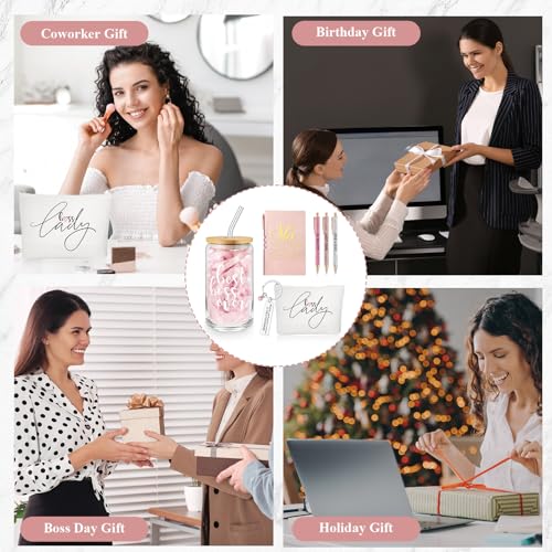 Pink Boss Appreciation Gift Set - 7Pcs for Female Leader, Includes Glass Cup, Makeup Bag, Notebook & Pens