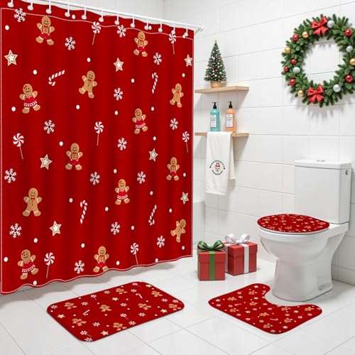 Mocsicka Red Christmas Shower Curtain Set 72x72 Inches with Rugs & Hooks