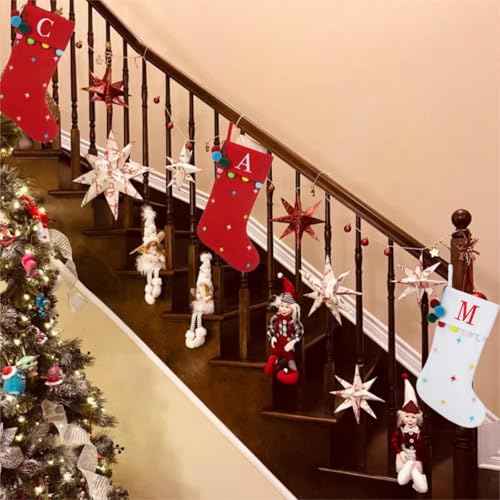 19.5 Inches Initial Monogram White Christmas Stocking Personalized, Embroidered Letter Fleece Christmas Stocking with pom poms Decoration for Family Christmas Holiday Party Decor-A