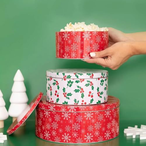 Steel Mill & Co. Snowflake & Holly Cookie Tin Set of 3 – Round Bakeware Gift Tins