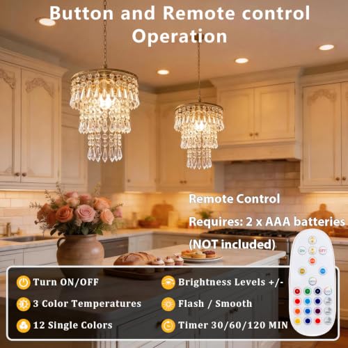 Battery Operated Pendant Light 2 Pack with Remote RGB Dimmable Crystal Hanging Lamp