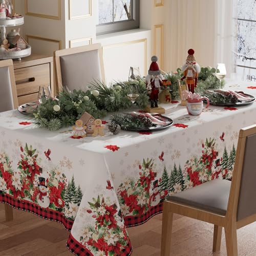 XCHI 60x104 Inch Red Plaid Poinsettia Snowman Christmas Tablecloth – Washable Rectangular Holiday Decor
