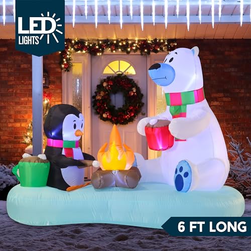 Joiedomi 6 ft Christmas Inflatable Polar Bear & Penguin with Campfire (Fire Bear) – Built-in LEDs, Lawn Decor