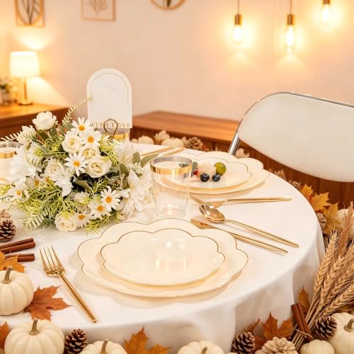 Elegant Gold Rim Ivory Plastic Plates Set for Wedding Gala - Beige & Gold Variation