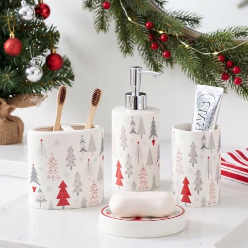 LiveHouse Christmas 4-Piece Ceramic Bathroom Accessory Set - Red Grey Christmas Tree Pattern (Lotion Dispenser, Toothbrush Holder, Tumbler, Soap Dish) - White White