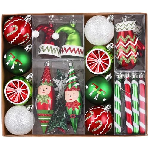 Valery Madelyn Elf Red Green Christmas Ball Ornaments Set - 40pcs Holiday Tree Decorations
