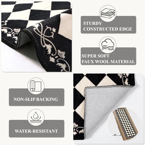 Black Checkered Runner Rug 2.5x8 ft Washable Non Slip Hallway Carpet