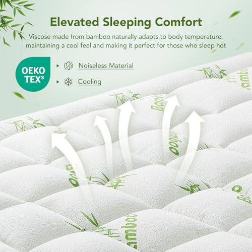 Green Full Size Bamboo Mattress Topper - Extra Thick Quilted Pillow Top, Cooling & Breathable, Deep Pocket Fit 6-18 Inches