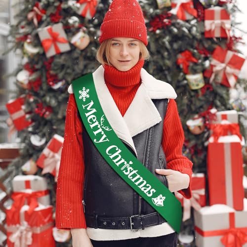 Merry Christmas Sash for Party - Retro Sage Green with White Foil Text, 31.5in x 3.74in