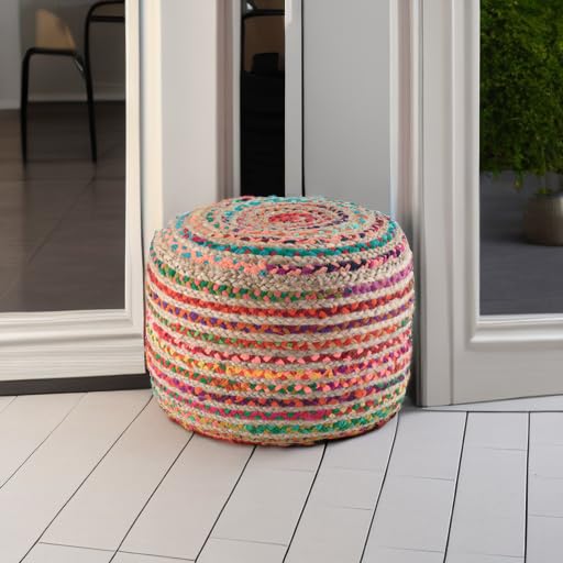 Braided Round Pouf - Multi-Color Jute Cotton Boho Style 20 Inch