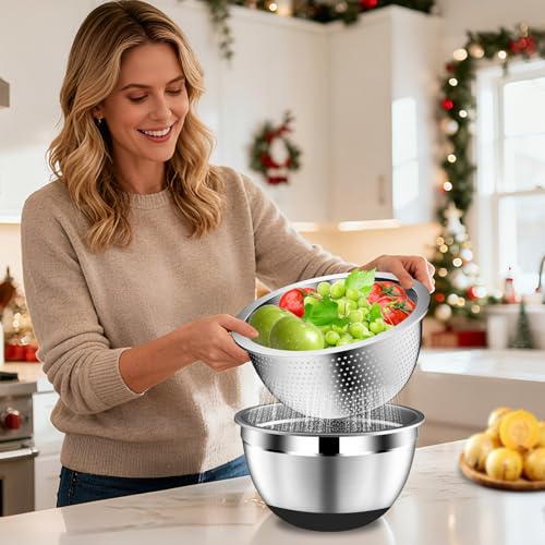 DUTZUN 16-Piece Stainless Steel Mixing Bowls Set with Lids & Colander - Non-Slip Base, 3 Graters, Nesting Design - Black