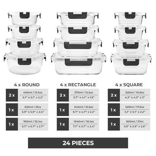 Freshware One Size Glass Food Storage Containers with Lids, 12-Pack, Leak-Proof Kitchen Meal Prep