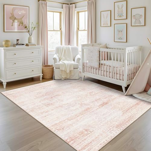 Light Pink 5x7 Washable Area Rug for Girls Bedroom & Living Room - Non-Slip Boho Style
