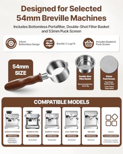 54mm Bottomless Portafilter for Breville Barista Express Pro Touch - Walnut Handle