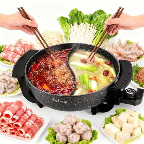 Food Party 6L Electric Hot Pot with Divider, 5-Level Temp Control, Fast Boil, Non-Stick