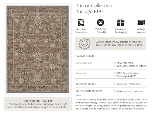 HUGEAR Vintage Area Rug 8x10 Brown Retro Rug for Living Room - Victor Collection