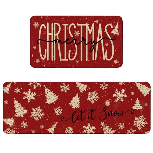 Christmas Kitchen Rugs Set of 2 17x30 & 17x47 Linen Non-Slip Mats | Merry Christmas & Let It Snow