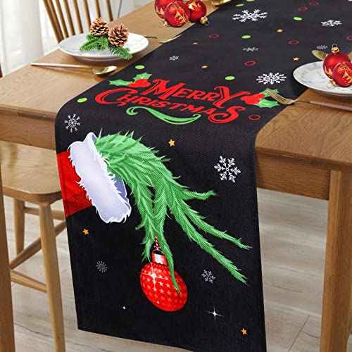 Black Christmas Table Runner, Winter Merry Christmas Table Runner for Christmas Party Holiday Kitchen Dining Table Decor, 14 x 72 Inch