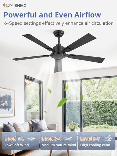 52 Inch Ceiling Fan Black No Light - High 3713 CFM, Reversible Quiet Motor, Remote Control, Adjustable Downrod