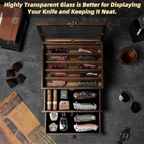 3 Tier Walnut Knife Display Case with Glass Lid and Drawers - Wooden Collection Holder
