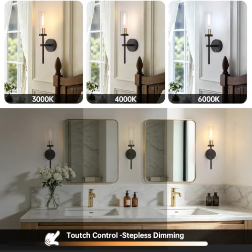 Rechargeable Wall Sconce Set of 2 Black & Gold with Clear Glass Shade - Remote Control, 5200mAh Battery, 3 Color Temperatures, No Hardwiring