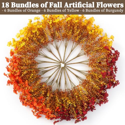 Artificial Mums for Outdoors - 18 Pack Faux Flowers with Eucalyptus Leaves - Orange, Yellow & Burgundy