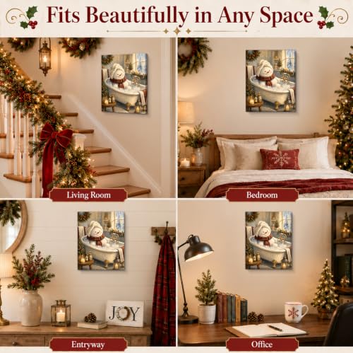 VRLSDTHF Christmas Bathroom Canvas Wall Art – Snowman Holiday Decor, 8x10 inches