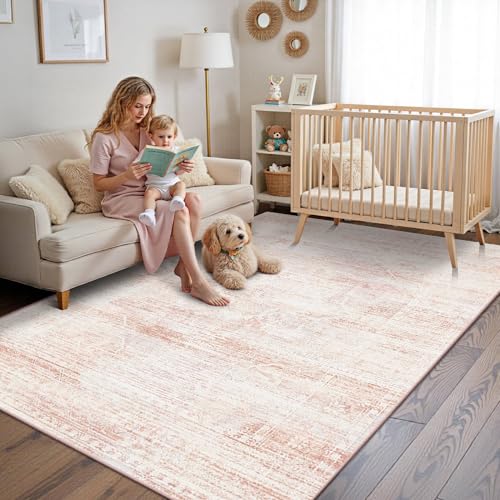 Light Pink 5x7 Washable Area Rug for Girls Bedroom & Living Room - Non-Slip Boho Style