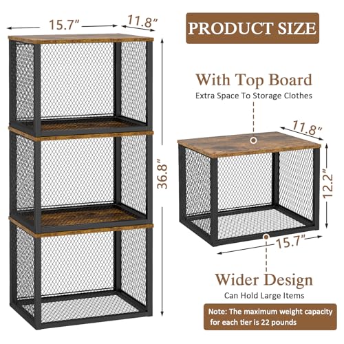 Black 3-Pack Stackable Closet Organizers with Wooden Top, Multi-Use Storage Bins