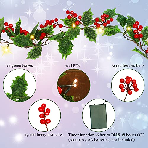ATDAWN 7 FT Red Berry Christmas Lighted Garland, Battery Operated Christmas Garland with Lights, Flexible Artificial Garland for Indoor Home Fireplace Christmas Holiday New Year Decoration