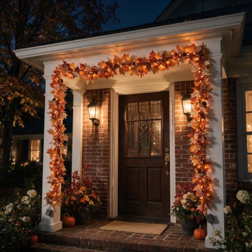 Dolunvo 2-Pack 10Ft Battery Operated Fall Garland with Lights, Pumpkin & Maple Leaves