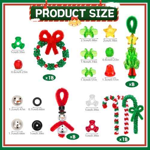 UPINS Christmas Beaded Ornament Kit, 52 Set Christmas Beaded Crafts Ornament Kit Mini Tree Snowman Candy Cane Wreath Make DIY Accessories for Hanging Wreath Cane Jewelry Making