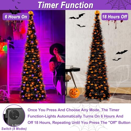TURNMEON 5ft Black Tinsel Halloween Tree with Lights and Pumpkins