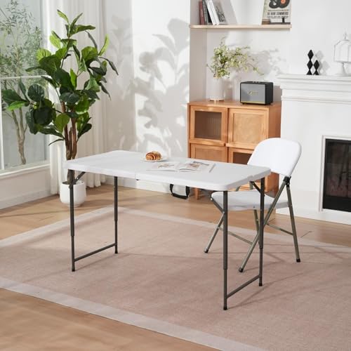 GlowitLian 4ft Folding Table with Adjustable 2-Level Height, Portable Picnic & Indoor Outdoor Use, White