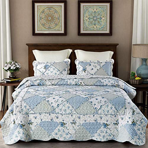 VIVILINEN Blue Floral Patchwork Quilt Set Full/Queen Size 87x95 - 3 Piece Bedding