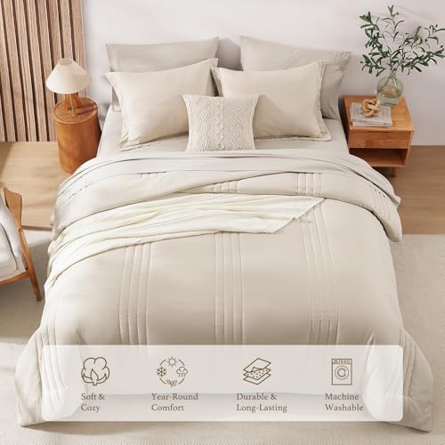 Monbix Oversized King Comforter Set - Apricot Beige Bedding 7 Pieces Bed in a Bag