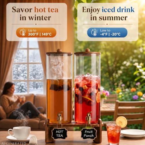 2 Gallon Glass Drink Dispenser Set with Spigot & Acacia Wood Stand - Double Pack