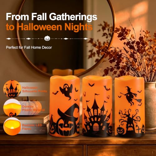 Homemory Halloween Waterproof Flameless LED Pillar Candle with Timer Remote – Castles, Witches, Pumpkins