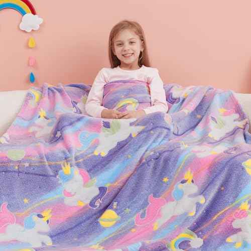 Unicorns Gifts Toys for Girls,Glow in The Dark Unicorns Blanket, Birthday Presents Decor for Kids Age 3-14 Year Old Daughter Teen Child Toddler Luminous Christmas Bedroom Throw Blanket 50"x60"