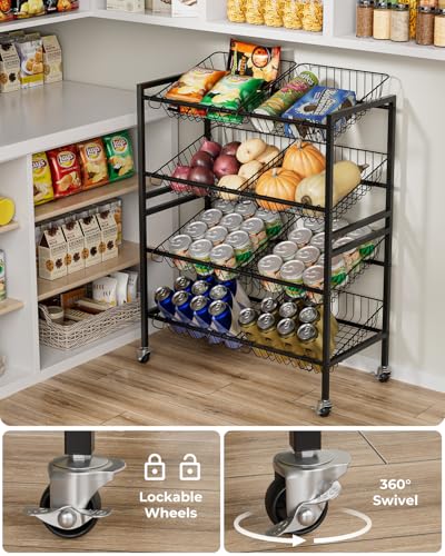 25.2-Inch Multi-Functional Kitchen Storage Cart with 4 Tiers and Lockable Wheels