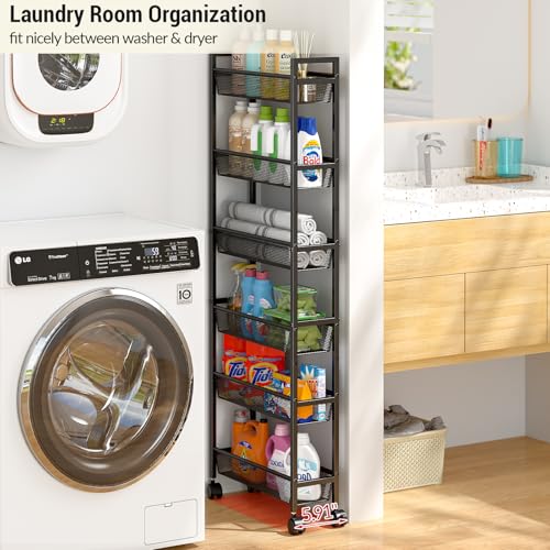 ThreeHio Black 6-Inch Wide 6-Tier Slim Metal Storage Cart with Wheels